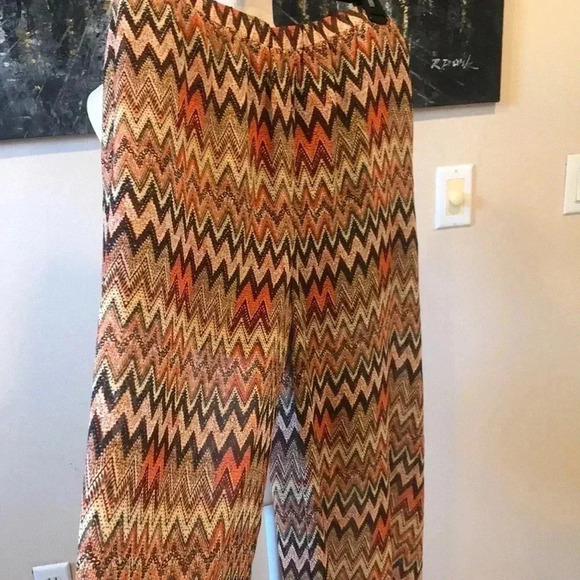 Umgee Boho Style Chevron Orange/Brown/Cream Lined Palazzo Pants w/ Pockets M - Picture 3 of 6